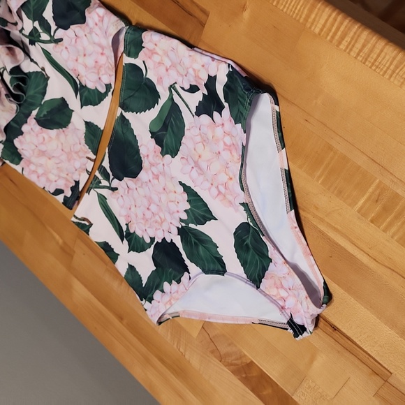 Ibakom Pink Hydrangea 2 Pc Swim Suit Highwaisted Ruffle Top Spaghetti Strap - Picture 3 of 10